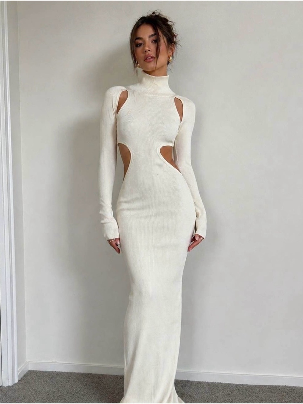 Turtleneck Cutout sweater Maxi Dress in Cream